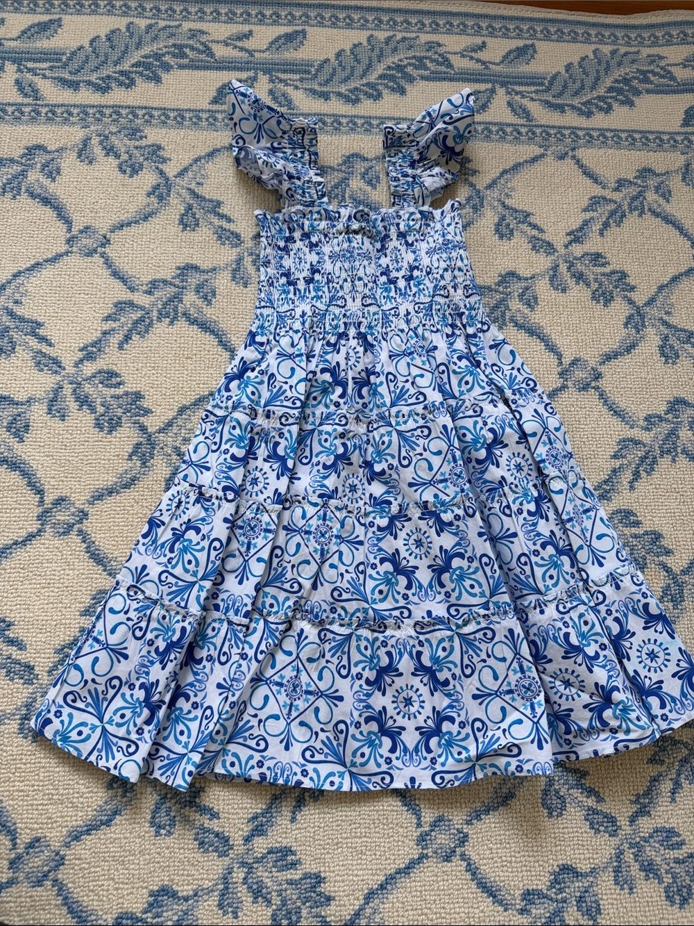 Hill House Blue and White Tile-Print Ruffle Strap Dress